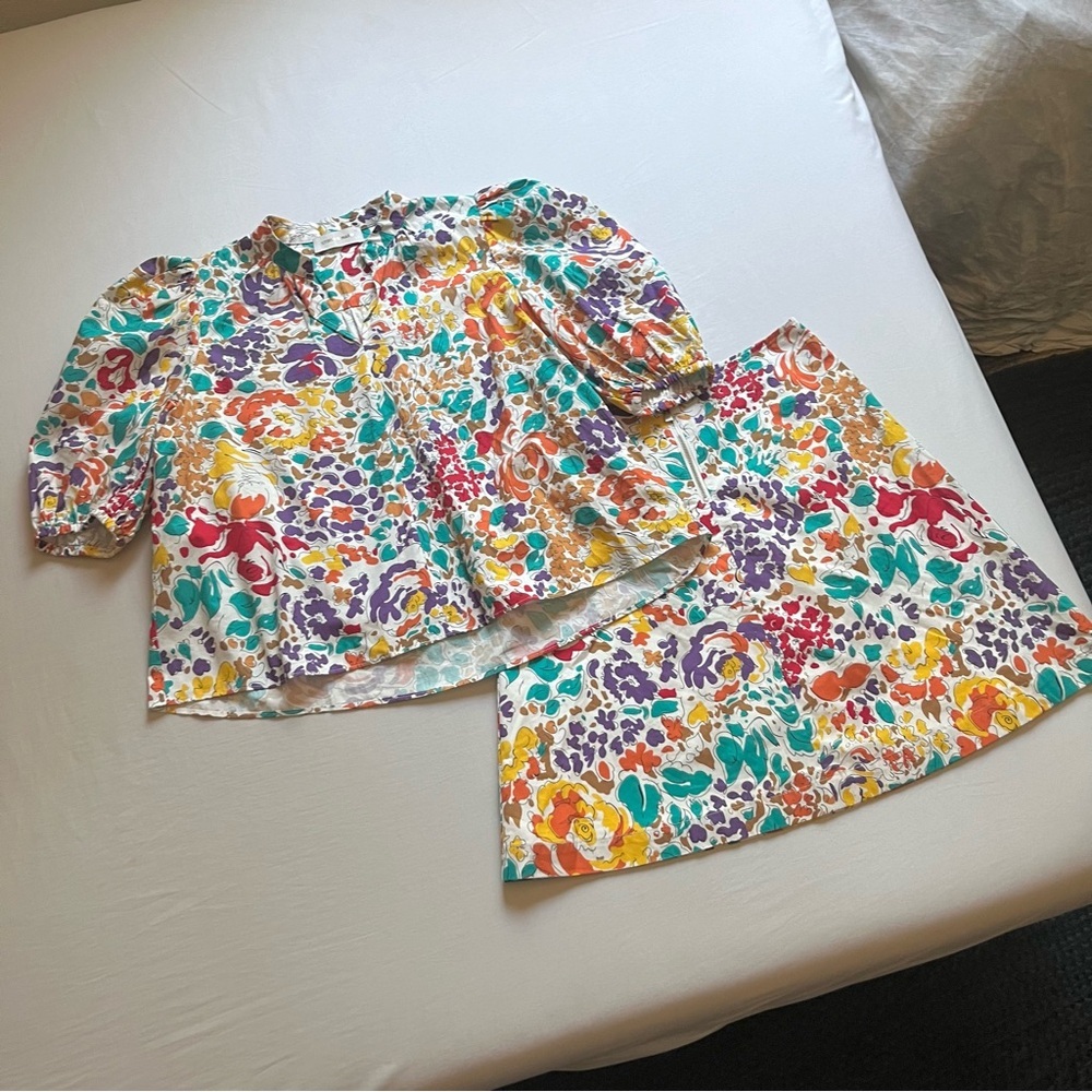 STORM‎ & MARIE white multicolor abstract botanical leaf floral blouse skirt set